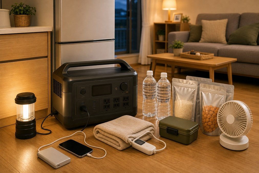 大容量ポータブル電源と冷蔵庫や電気毛布を備えた在宅避難の様子