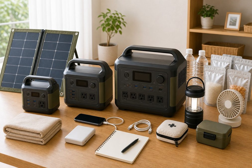 容量の違うポータブル電源と防災用品を比較しやすく並べた様子