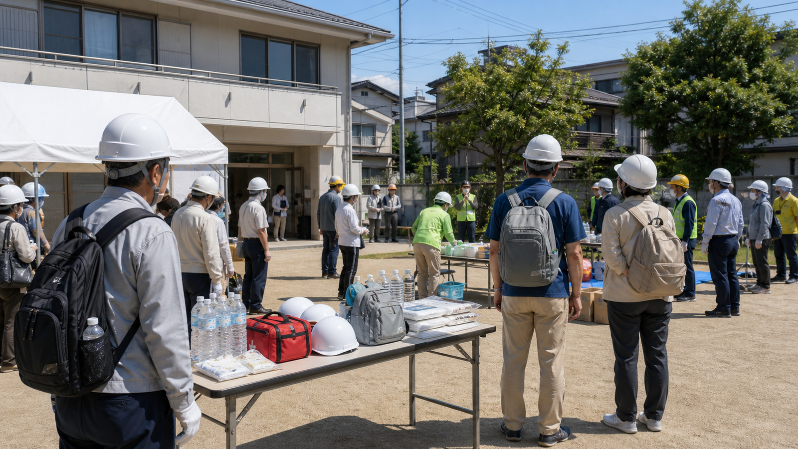 地域住民が防災用品を確認する自主防災組織のイメージ