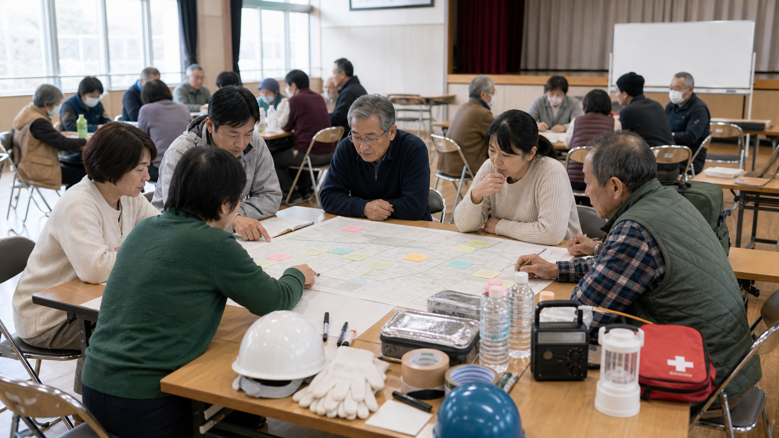 地域住民が地区防災計画を話し合うイメージ