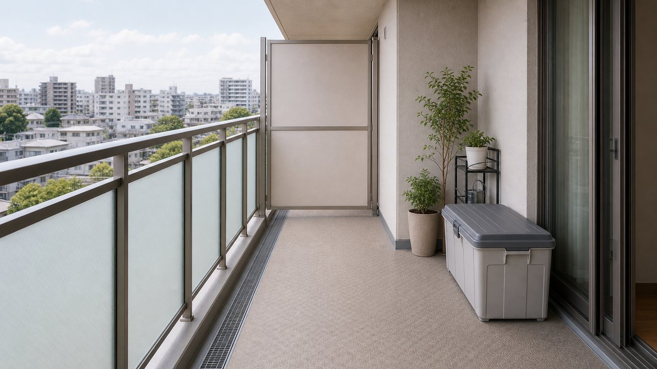 マンションの蹴破り戸とベランダ避難経路の防災イメージ