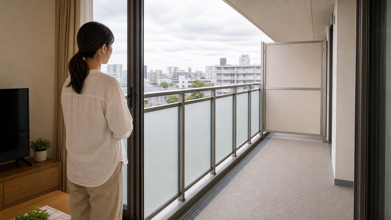 マンションの蹴破り戸とベランダ避難経路の防災イメージ