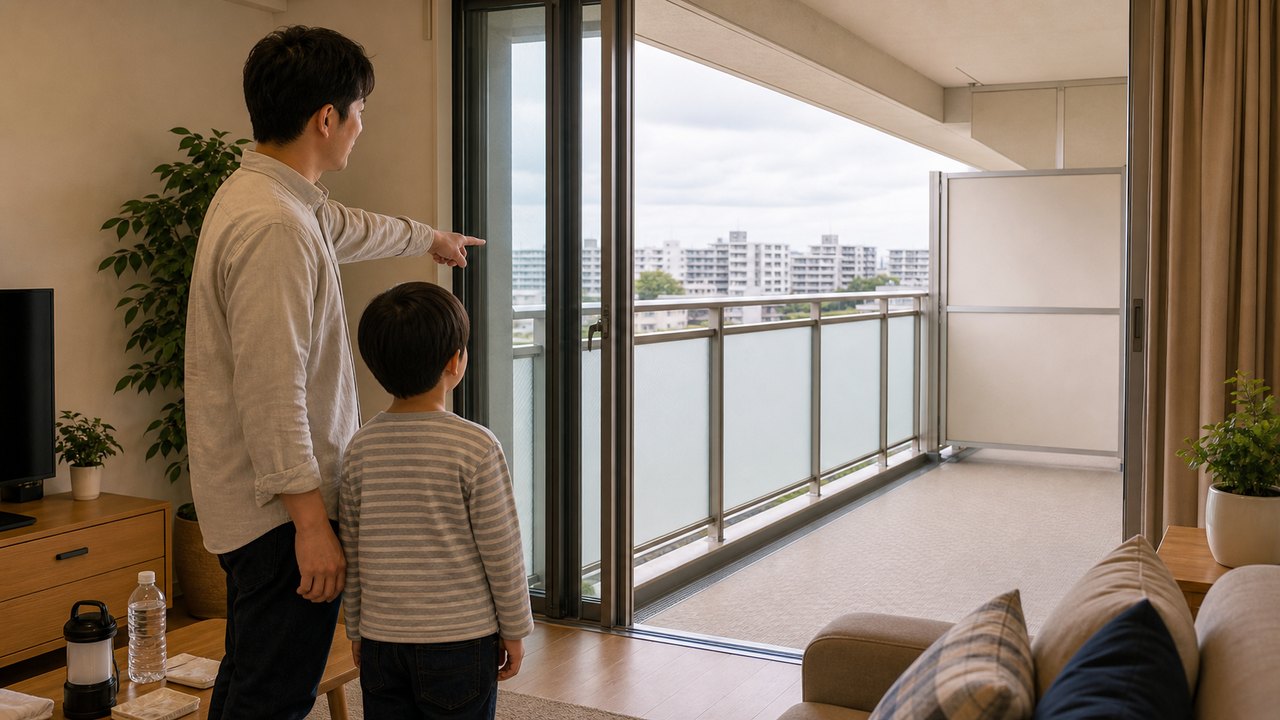 マンションの蹴破り戸とベランダ避難経路の防災イメージ
