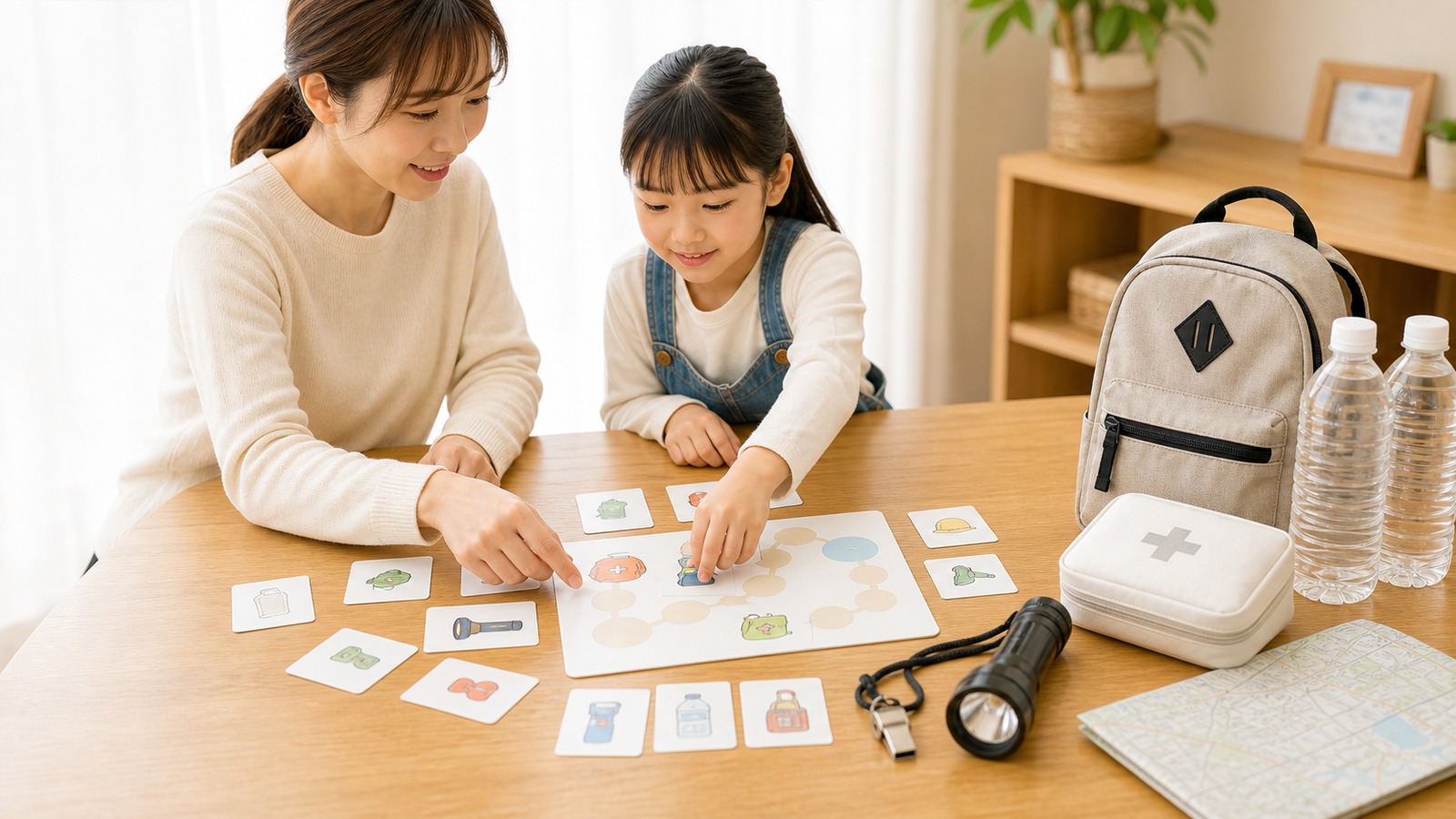 親子で防災カードゲームをしながら非常持ち出し品を学んでいる様子