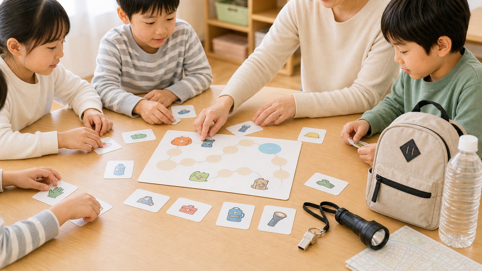 子どもたちが防災すごろくやカードで避難行動を学んでいる様子