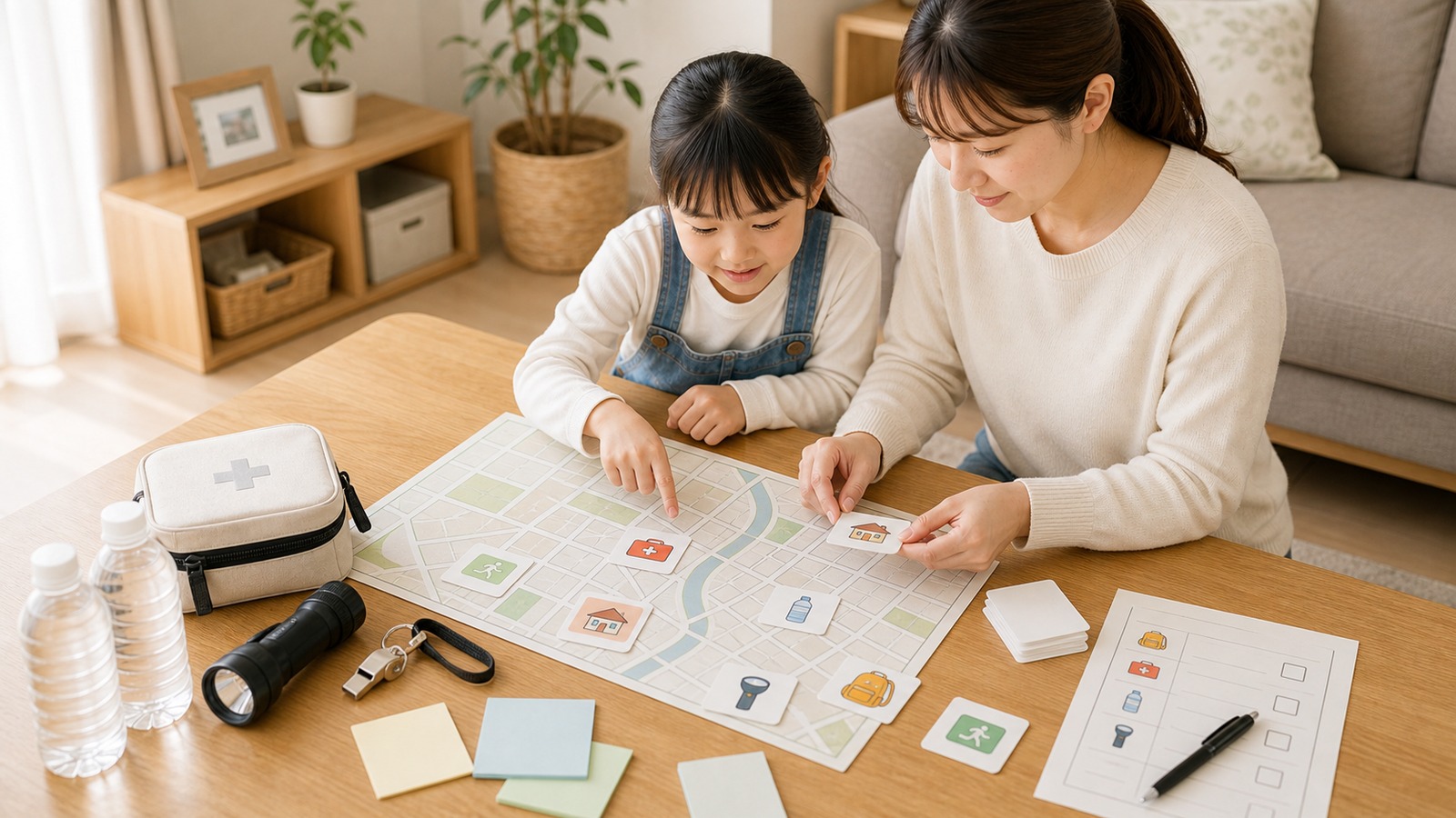 家庭で子どもと一緒に避難ルートや防災マップを確認している様子