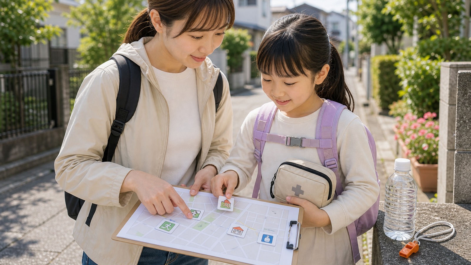 親子で地域の避難ルートを歩きながら防災を学んでいる様子