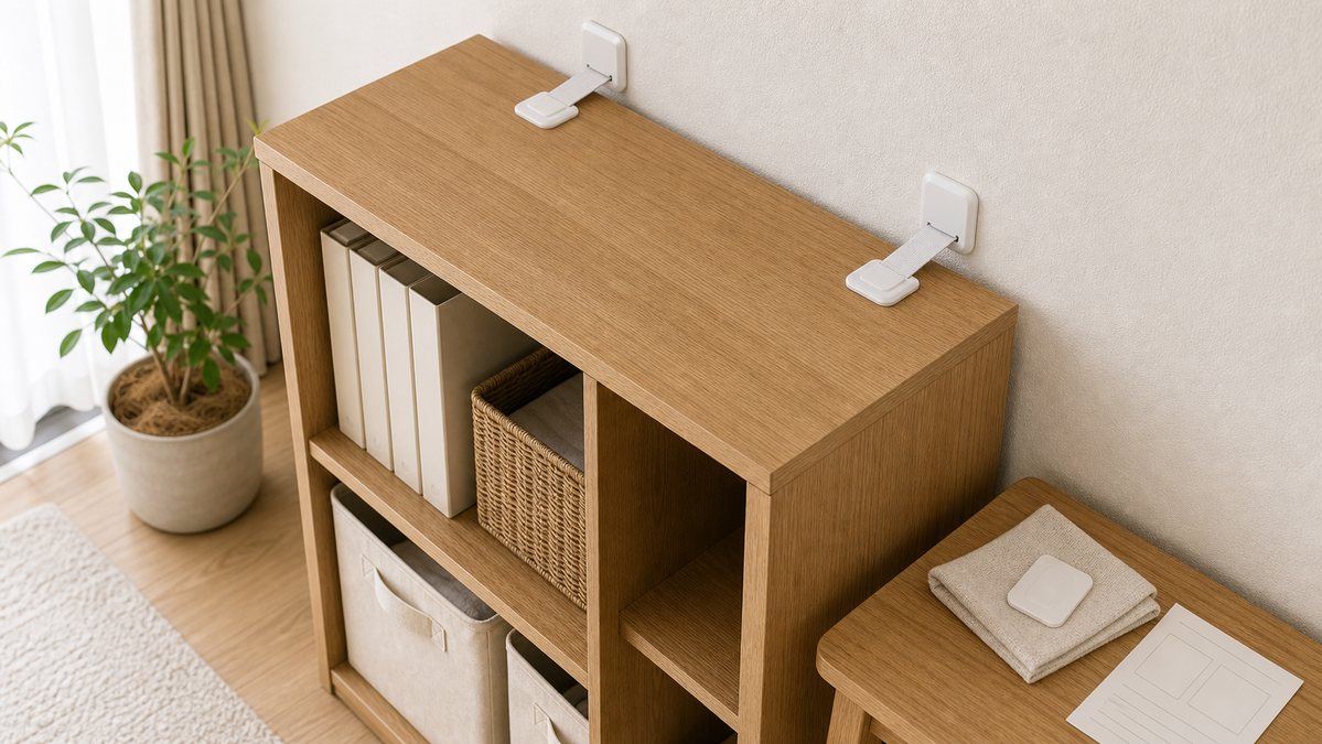 穴を開けない粘着式固定具で家具を固定するイメージ