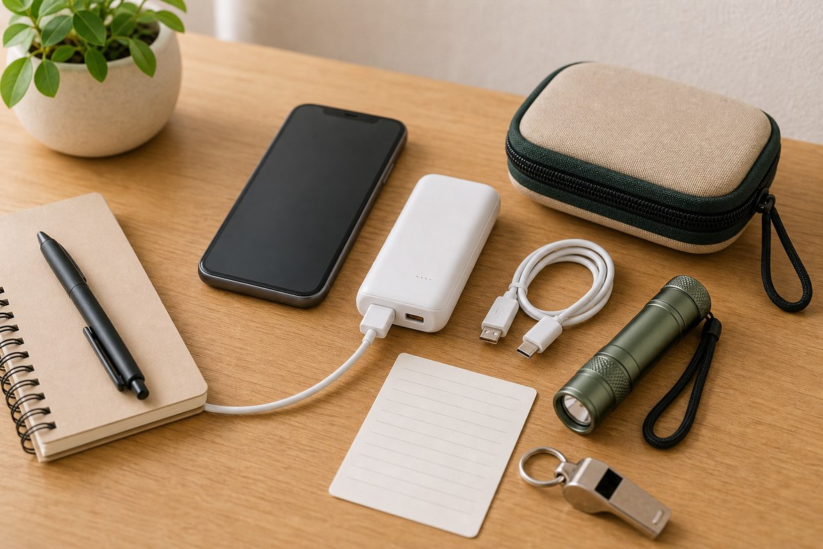 紙の連絡先メモと充電用品を備えるイメージ