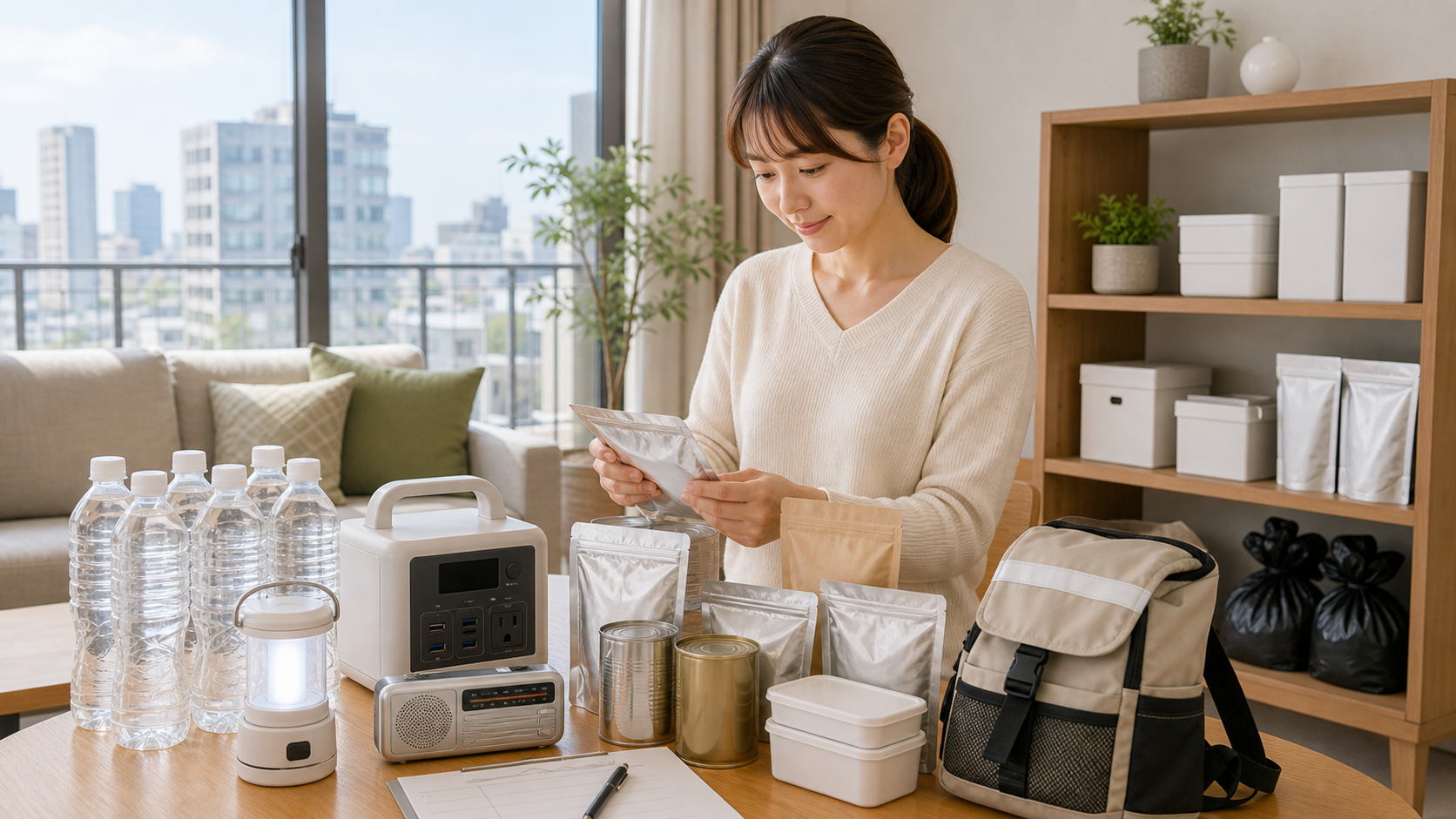 高層マンションの在宅避難に備えて水や携帯トイレ、ライトを準備している様子