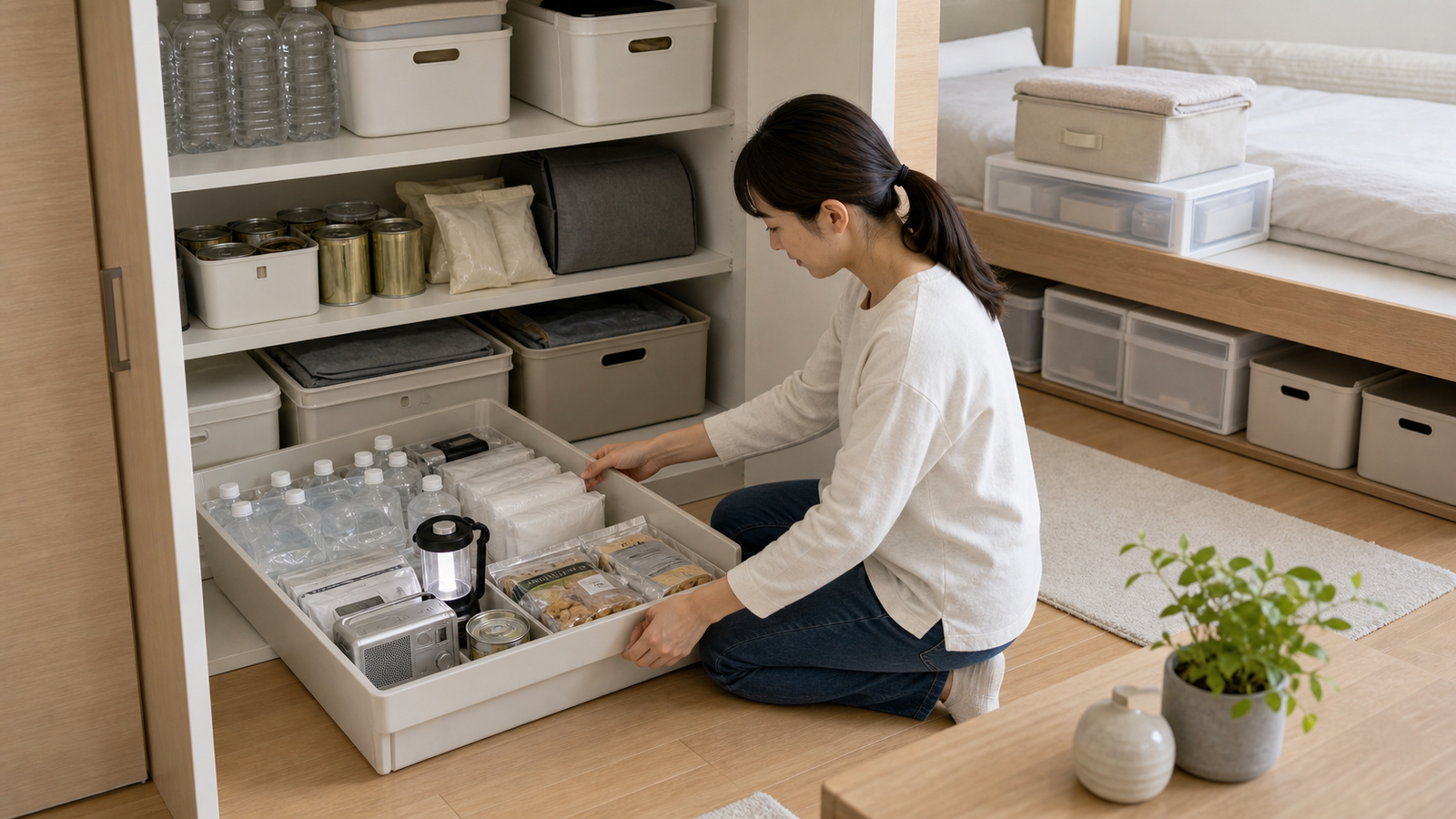 水の備蓄は最優先で考えるを確認するミニマリスト災害備蓄のイメージ