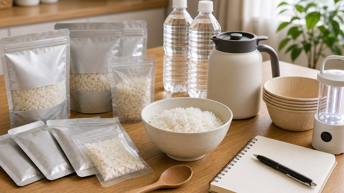 フリーズドライご飯を水やお湯で戻して試食している様子