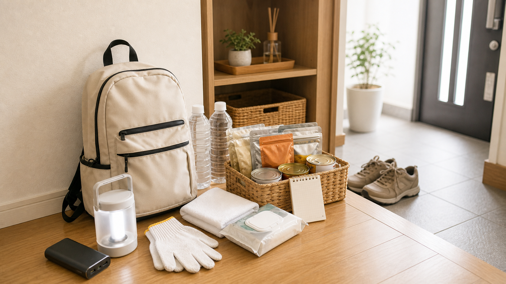 南海トラフ地震に備えて玄関近くに防災リュックと備蓄品をまとめている様子