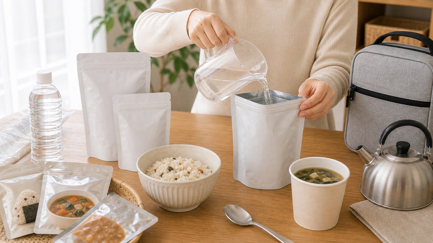 アルファ米保存食を水やお湯で準備するイメージ