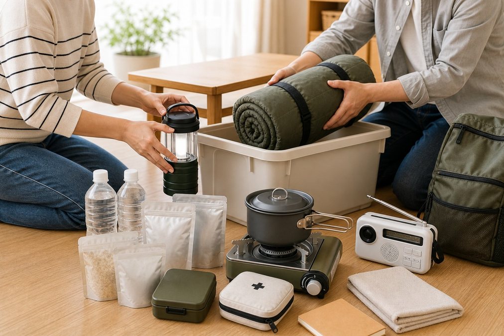 アウトドア用品を防災セットとして家で整理している様子