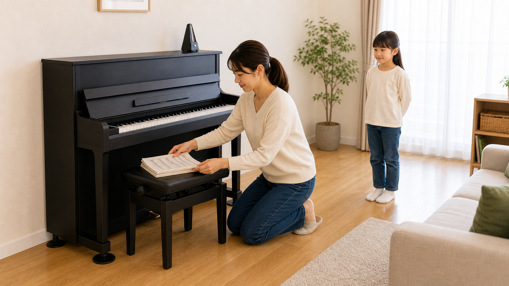 子どもが安全な距離で見守る中、ピアノ周辺を整理している様子