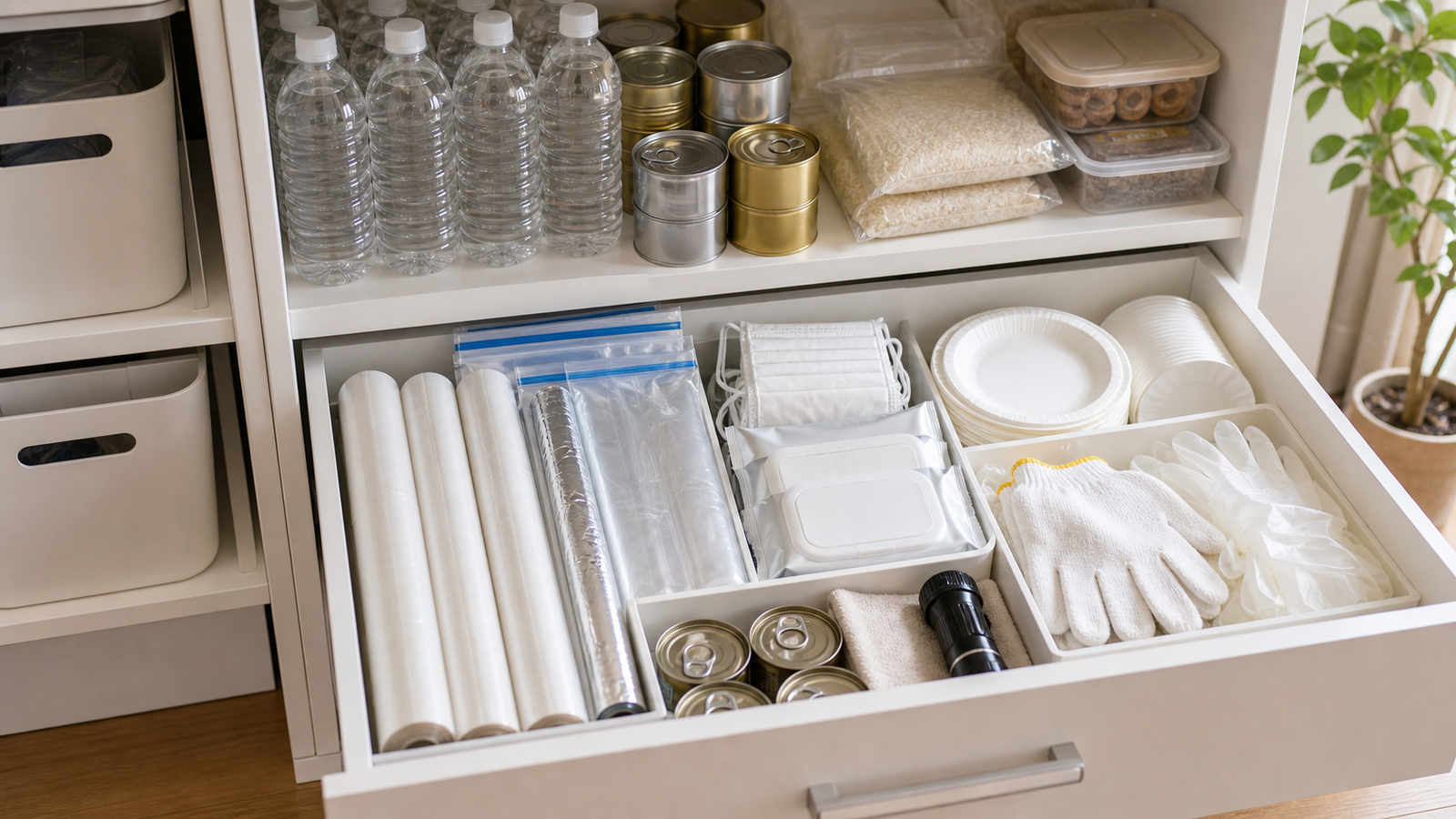 断水時の食器洗いを減らす使い方を確認する食品用ラップ備蓄のイメージ