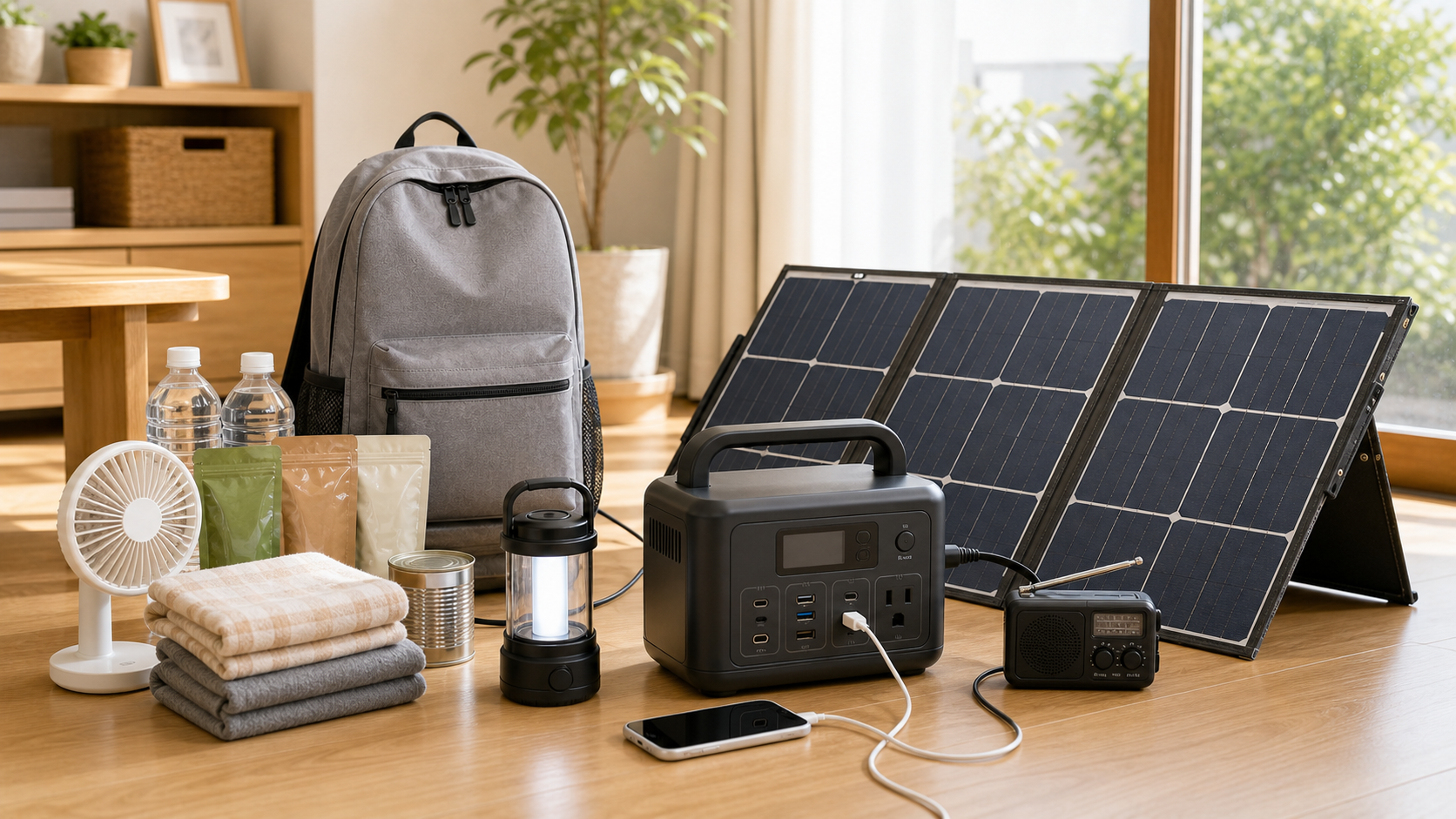 ソーラーパネルとポータブル電源で停電に備える様子