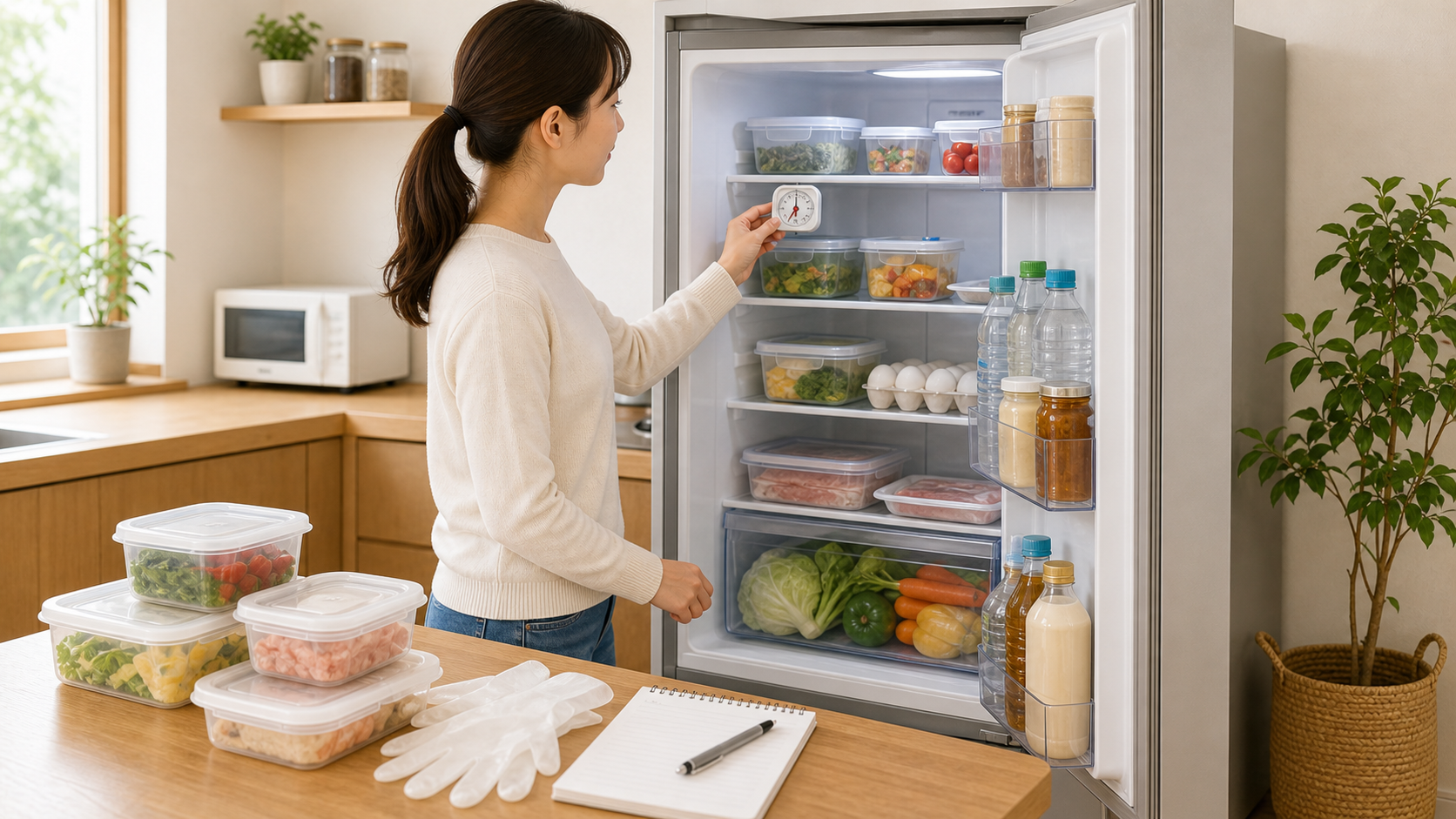 停電後に冷蔵庫の温度と食材を確認する様子