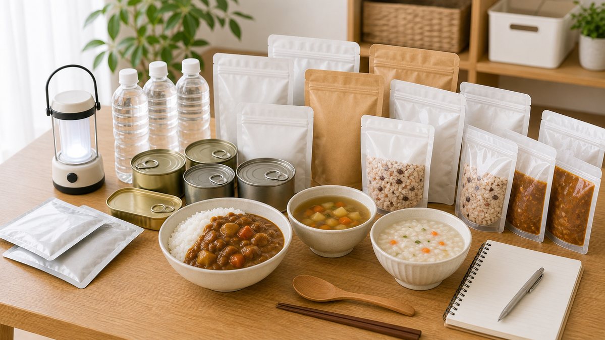 レトルトカレーやおかゆを備蓄食品として組み合わせた食事例