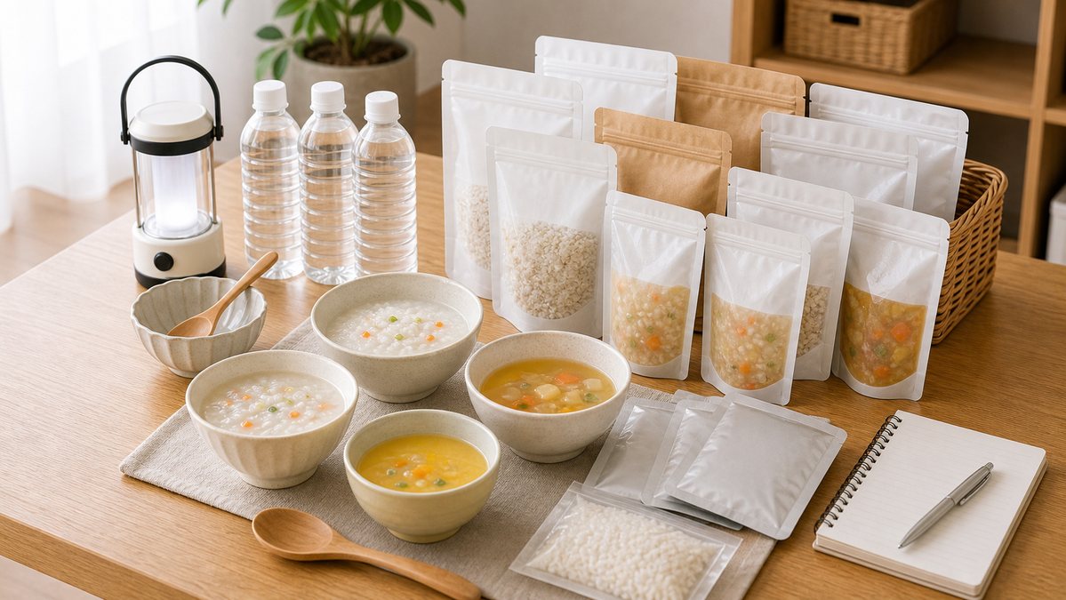 おかゆやスープなど食べやすいレトルト備蓄を並べた様子