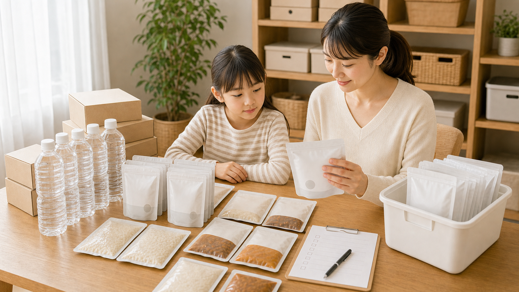 家族で7年保存レトルト食品の備蓄量と中身を確認している様子