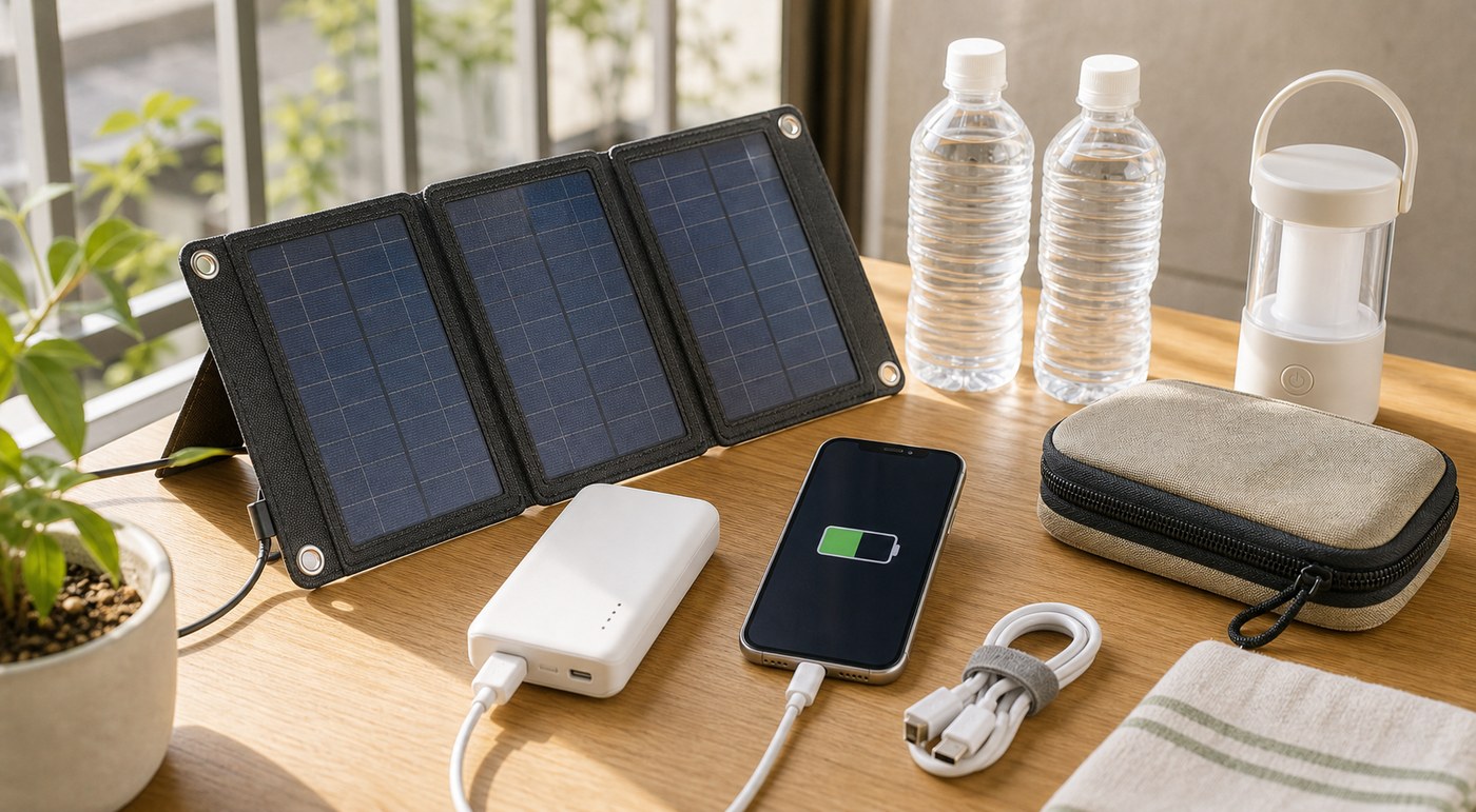 ソーラー充電器でスマホ充電を補助するイメージ