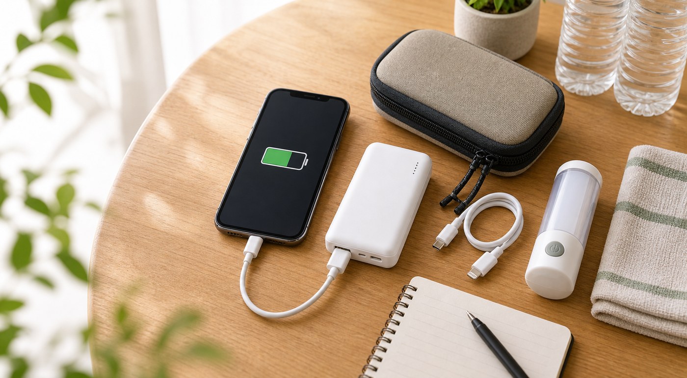 災害時のスマホ充電器と防災用品を備えるイメージ