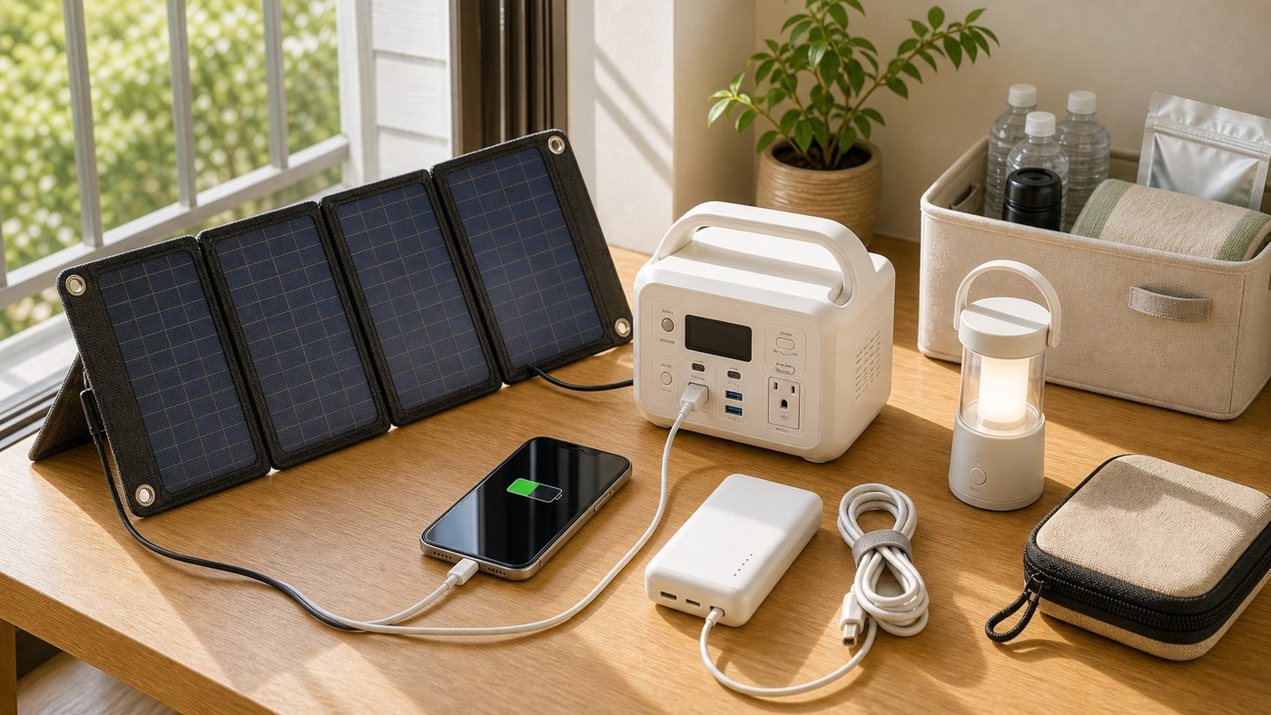 ソーラーパネルとポータブル電源を組み合わせるイメージ
