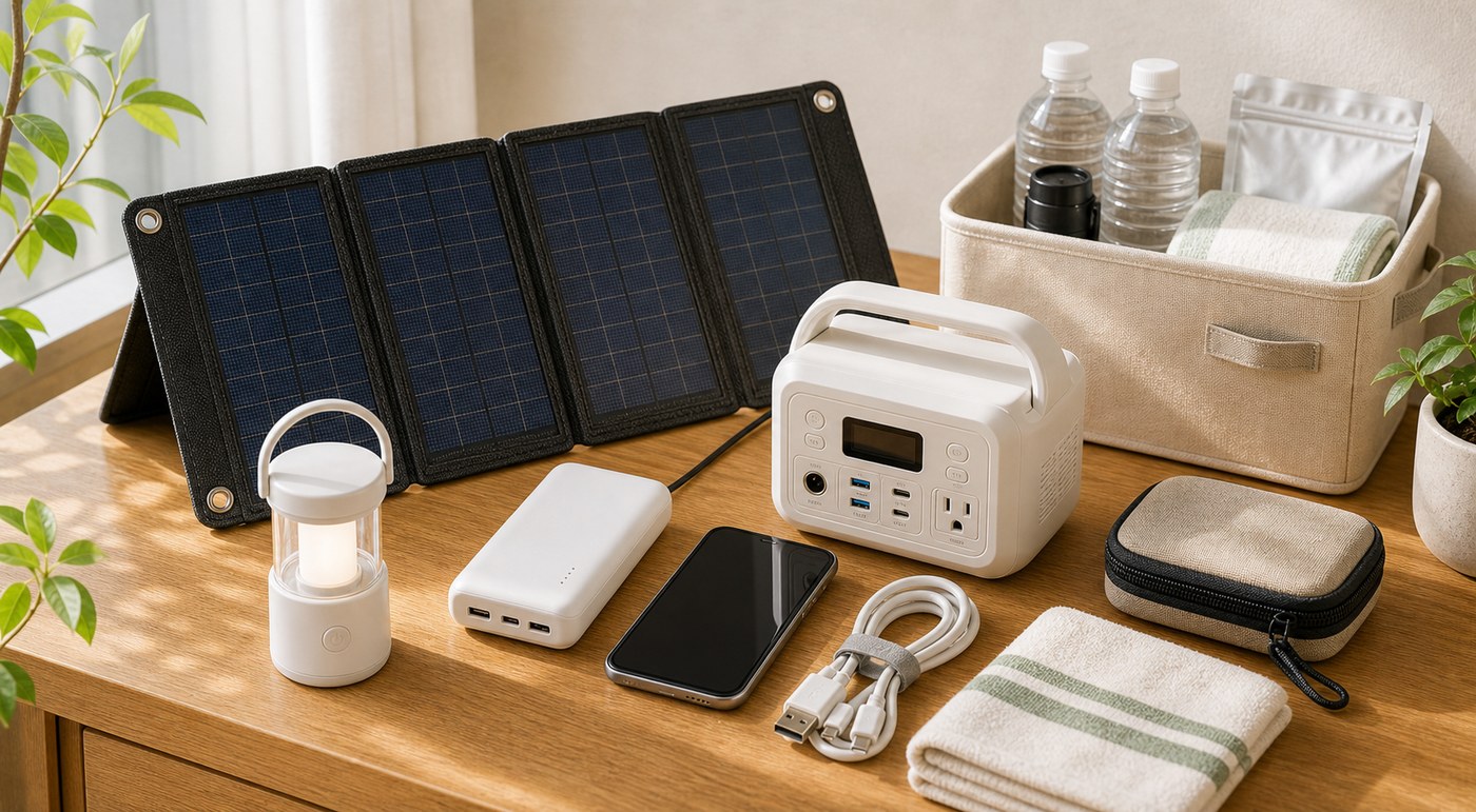 防災用のソーラー充電セットを備えるイメージ