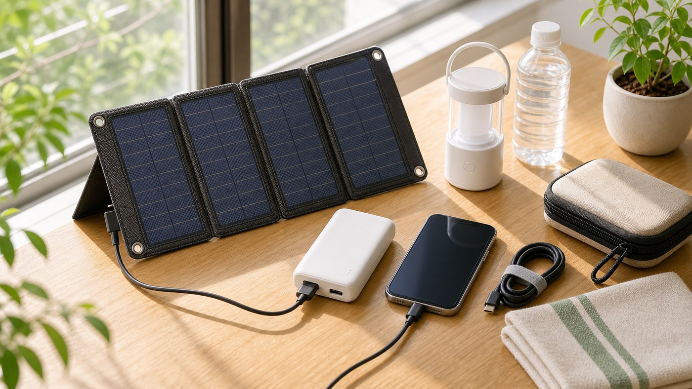 災害時にソーラー充電器でモバイルバッテリーを充電するイメージ