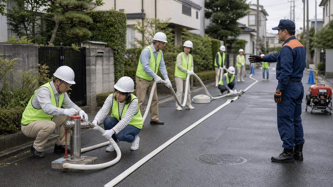 スタンドパイプ訓練と地域防災のイメージ