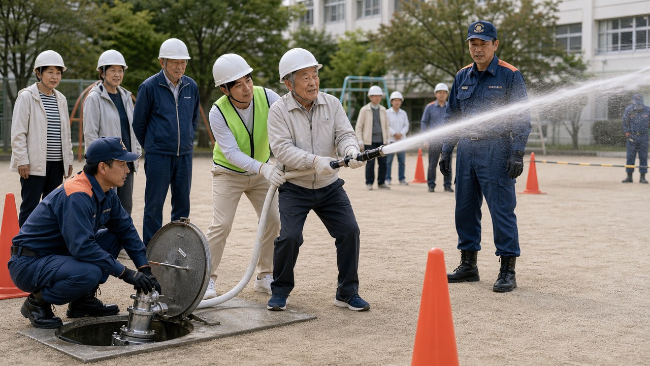 スタンドパイプ訓練と地域防災のイメージ