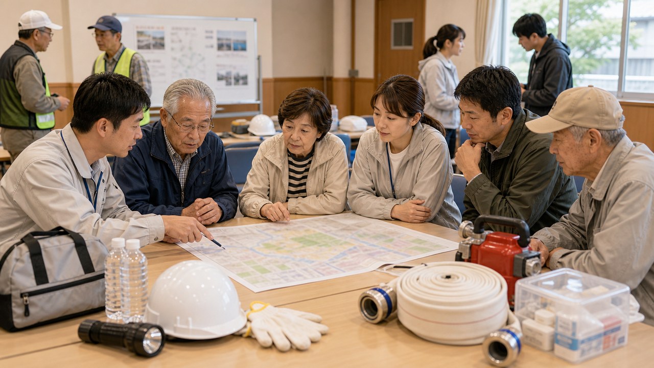 スタンドパイプ訓練と地域防災のイメージ