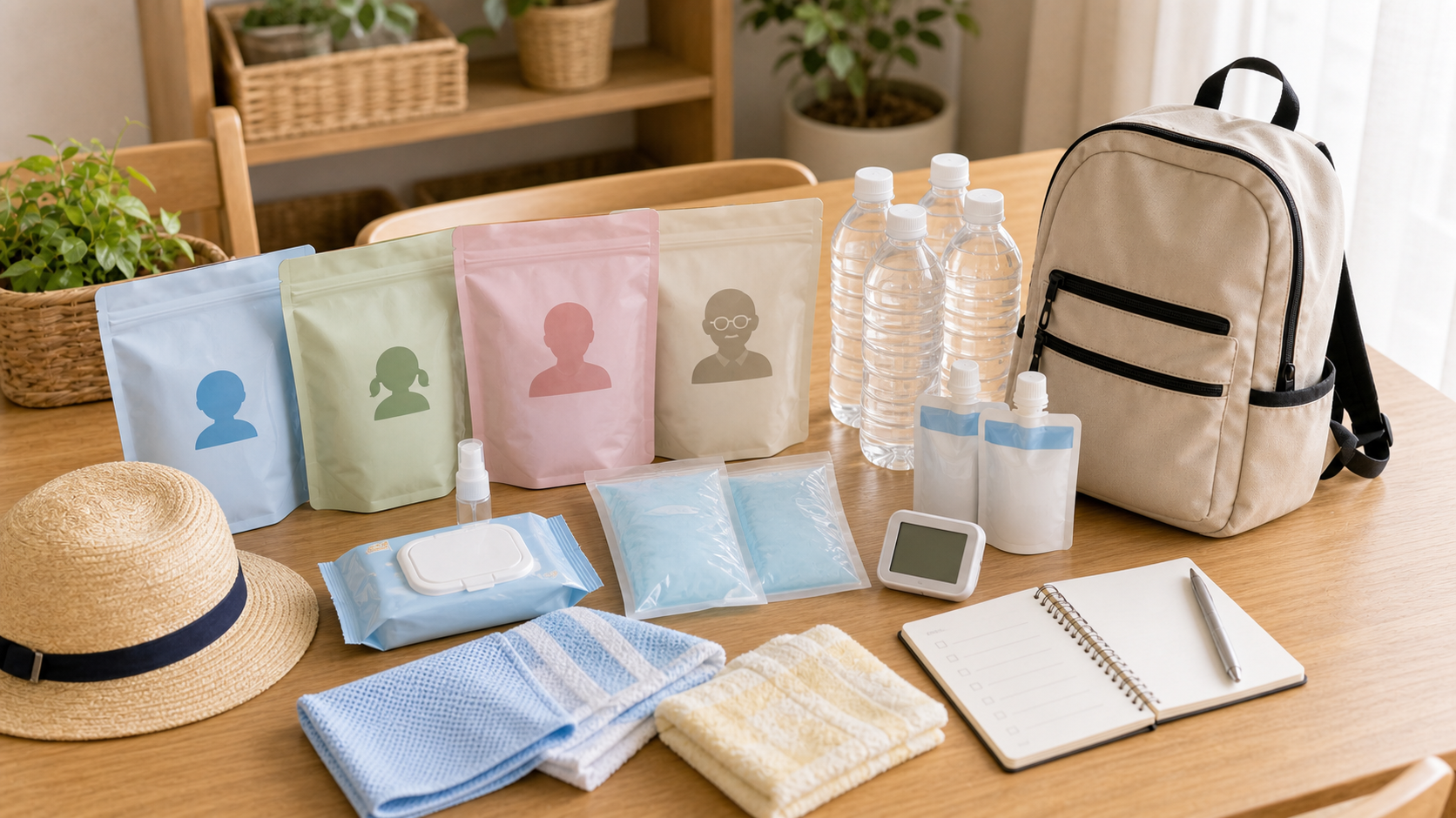 子どもや高齢者を含む家族分の防災暑さ対策用品を確認している様子