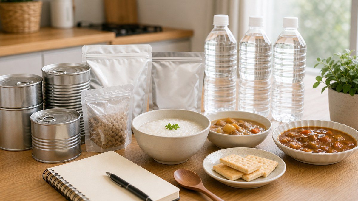 長期保存食を購入前に試食して味や量を確認している様子