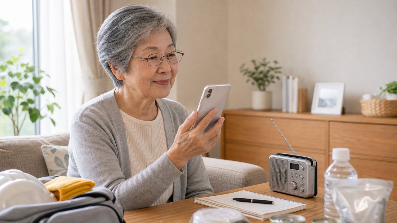 災害時の三角連絡法と家族連絡ルールのイメージ
