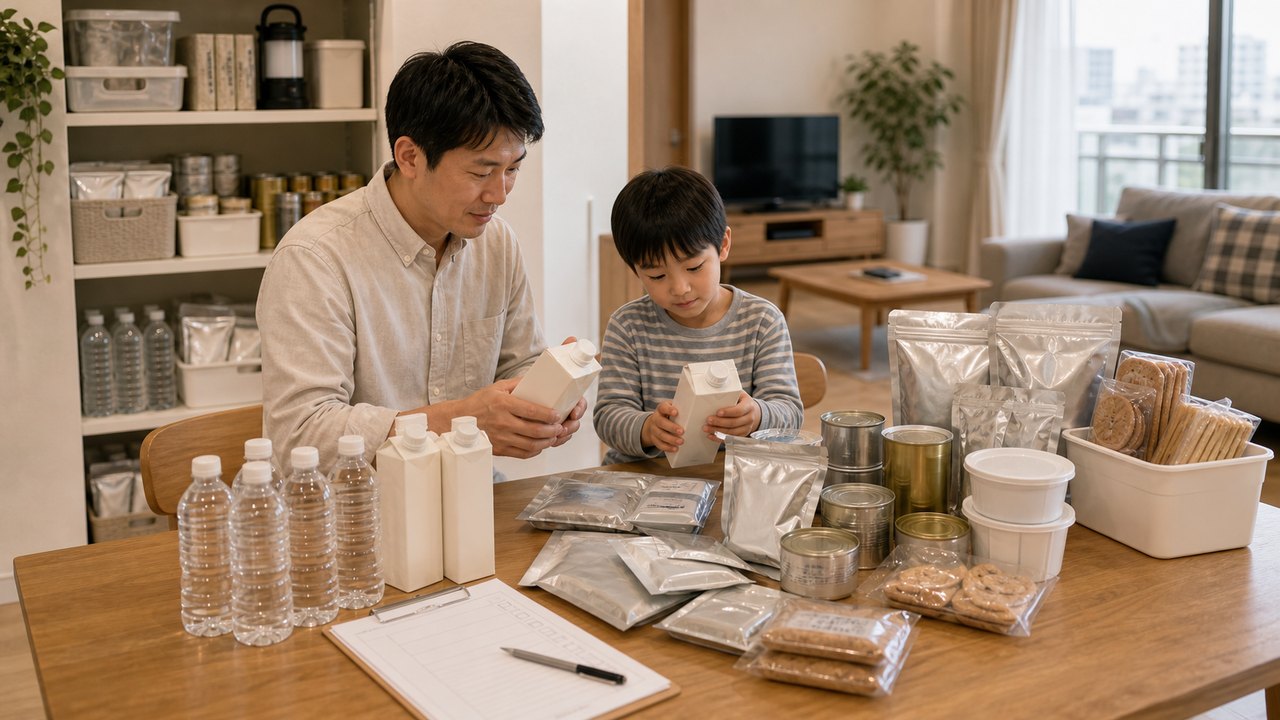 備蓄用野菜ジュースと防災食のイメージ