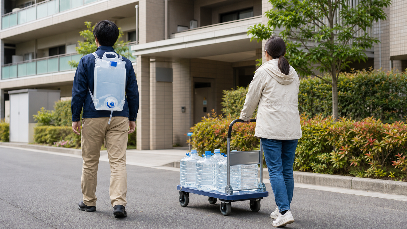 災害時の応急給水拠点で水を受け取る住民
