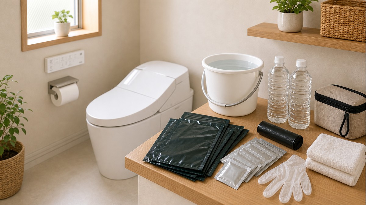 断水時トイレと非常用トイレ用品の備えイメージ