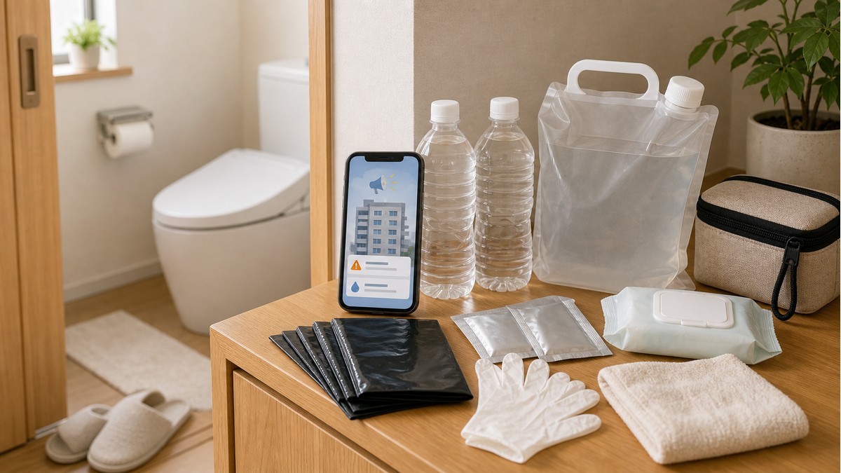 断水時トイレと非常用トイレ用品の備えイメージ