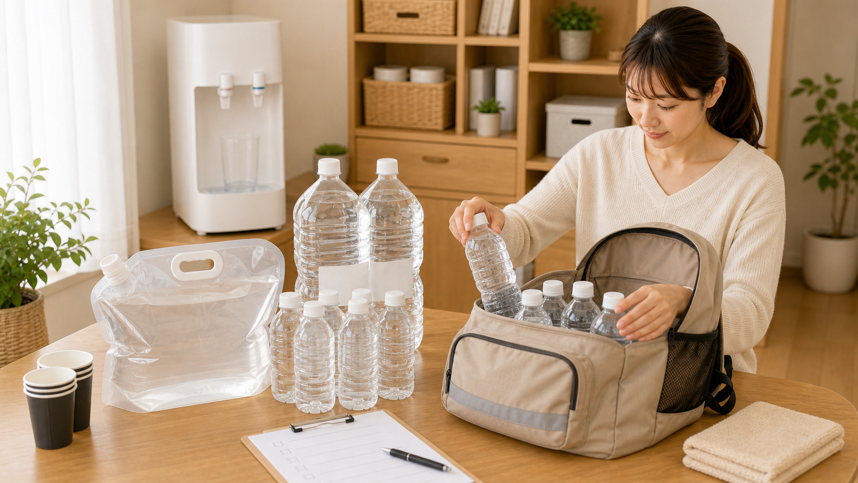 停電や避難に備えて小分けの飲料水と給水バッグを準備している様子