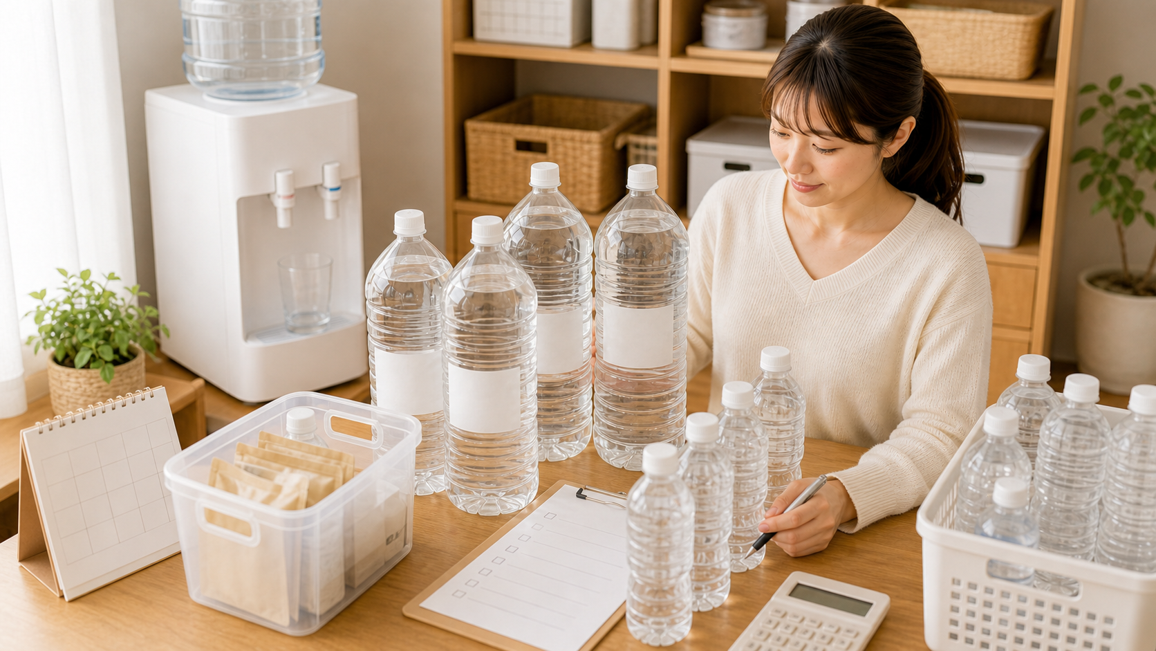家族に必要な水の量を計算しながら備蓄水を管理している様子
