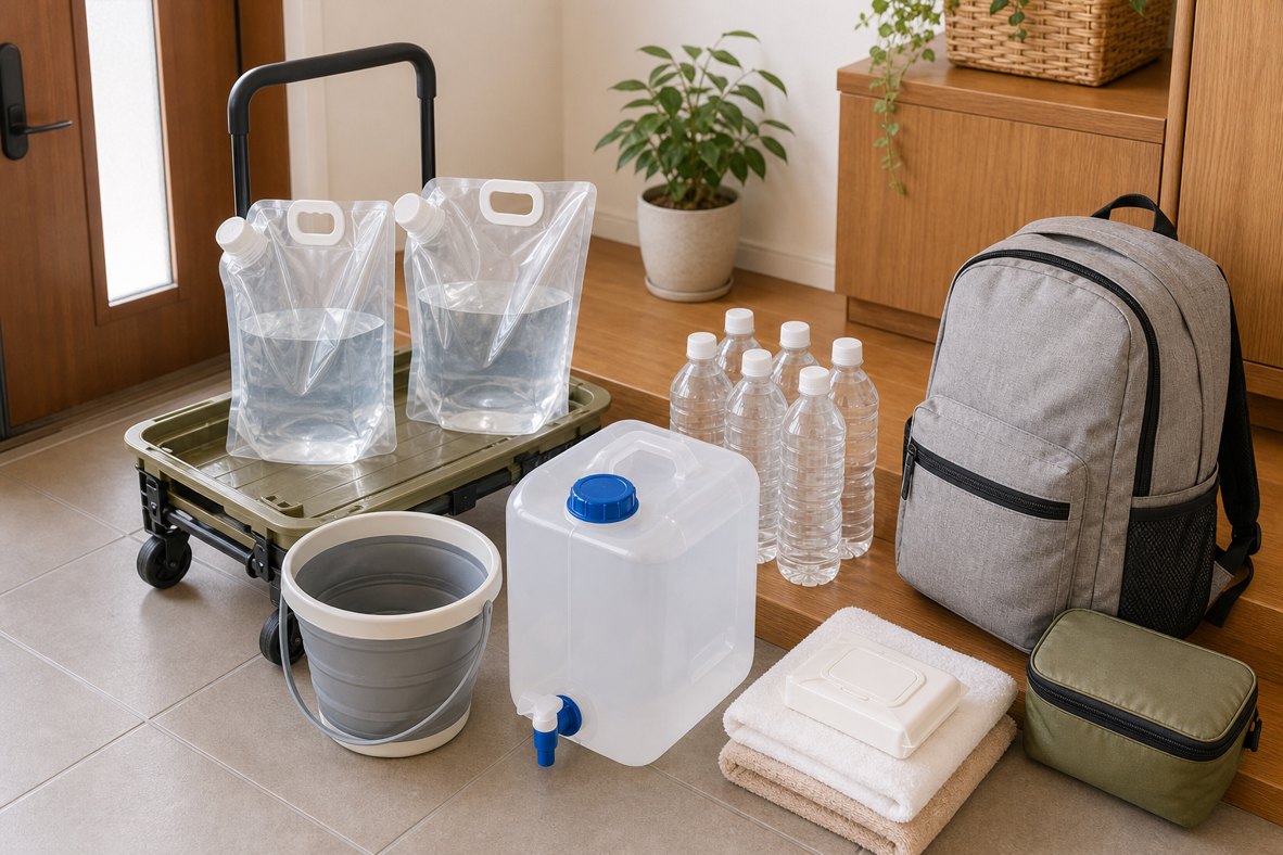 断水時に給水袋とポリタンクで水を運ぶ備えのイメージ