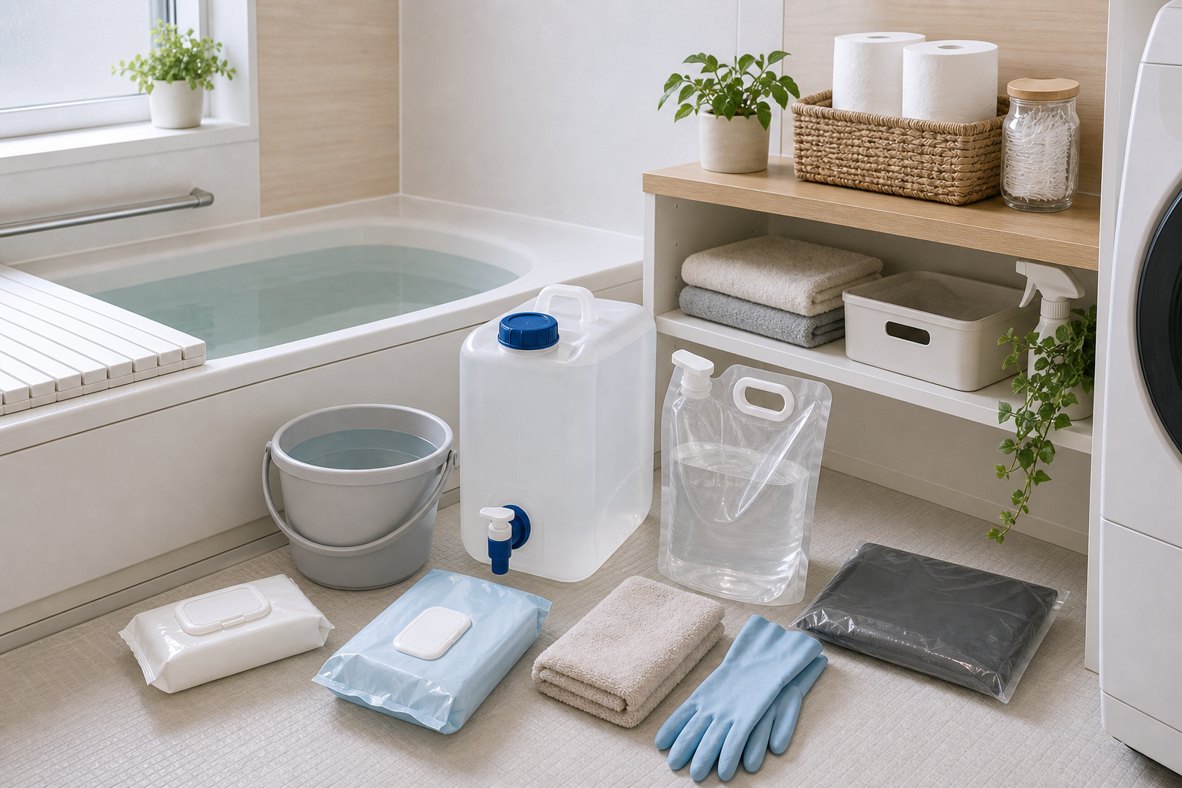 断水時の生活用水と衛生用品を備えたイメージ