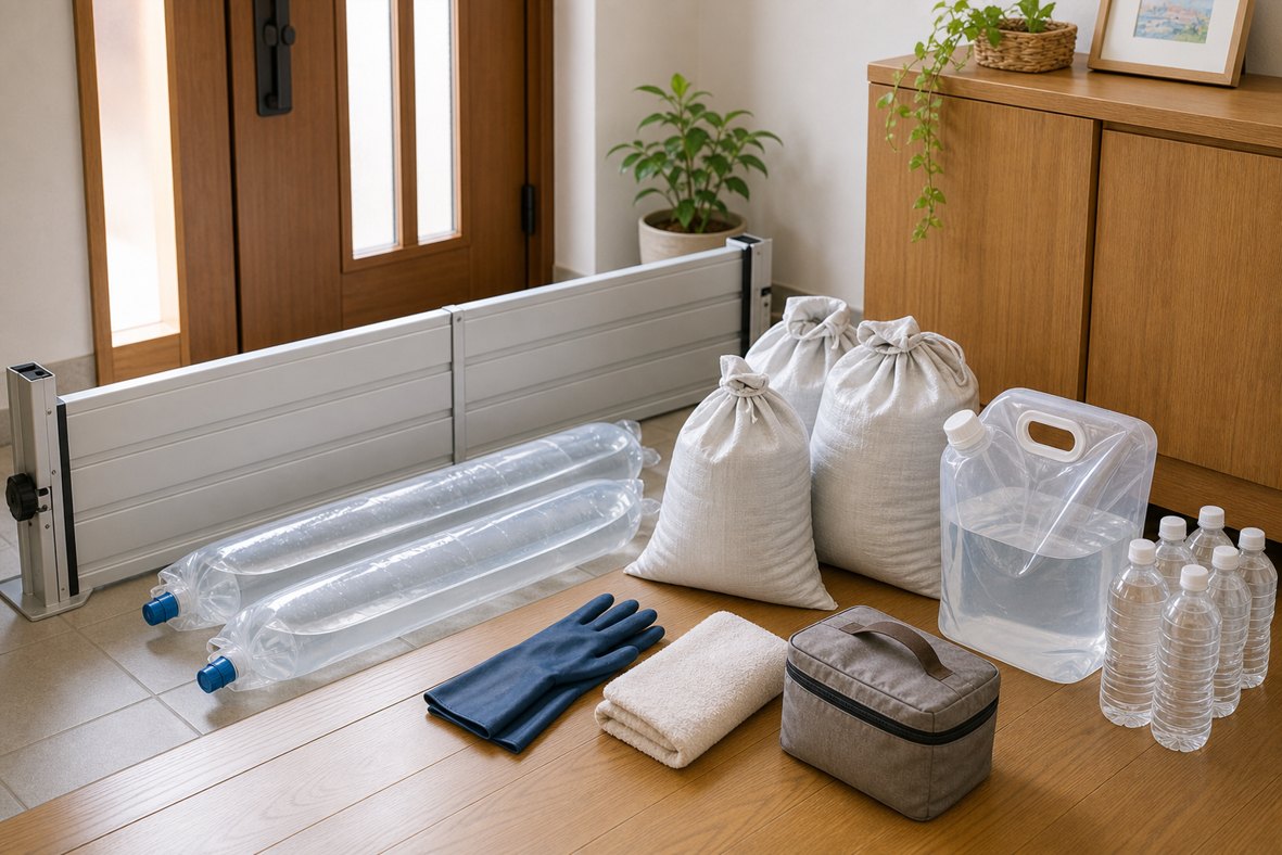 水害に備えて止水板や水のうを準備したイメージ