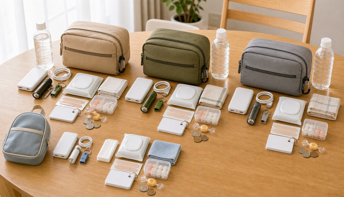 家族分の0次の備えポーチと防災用品をまとめた様子