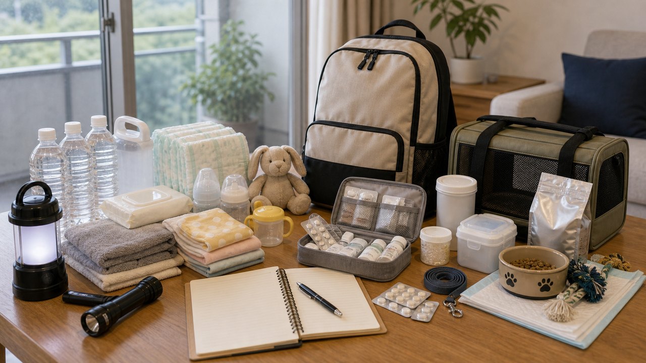 防災グッズの見直しと家庭備蓄チェックのイメージ