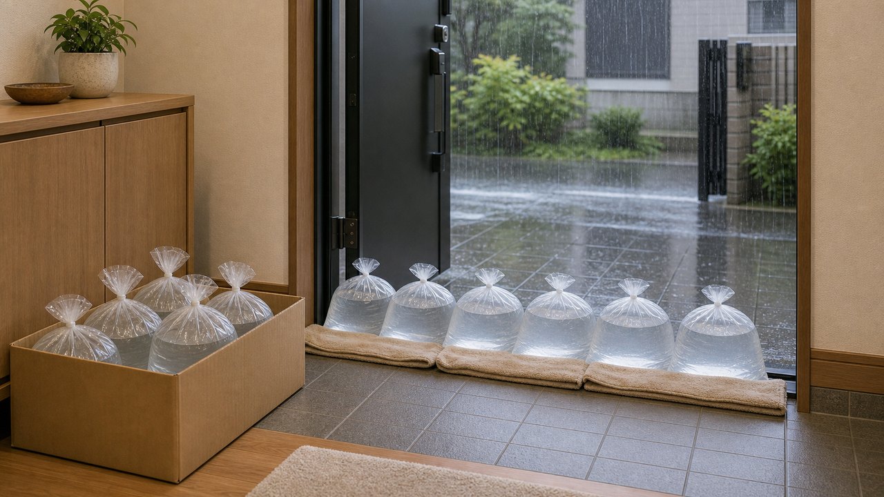 台風や大雨に備えた水のうの作り方と置き方のイメージ